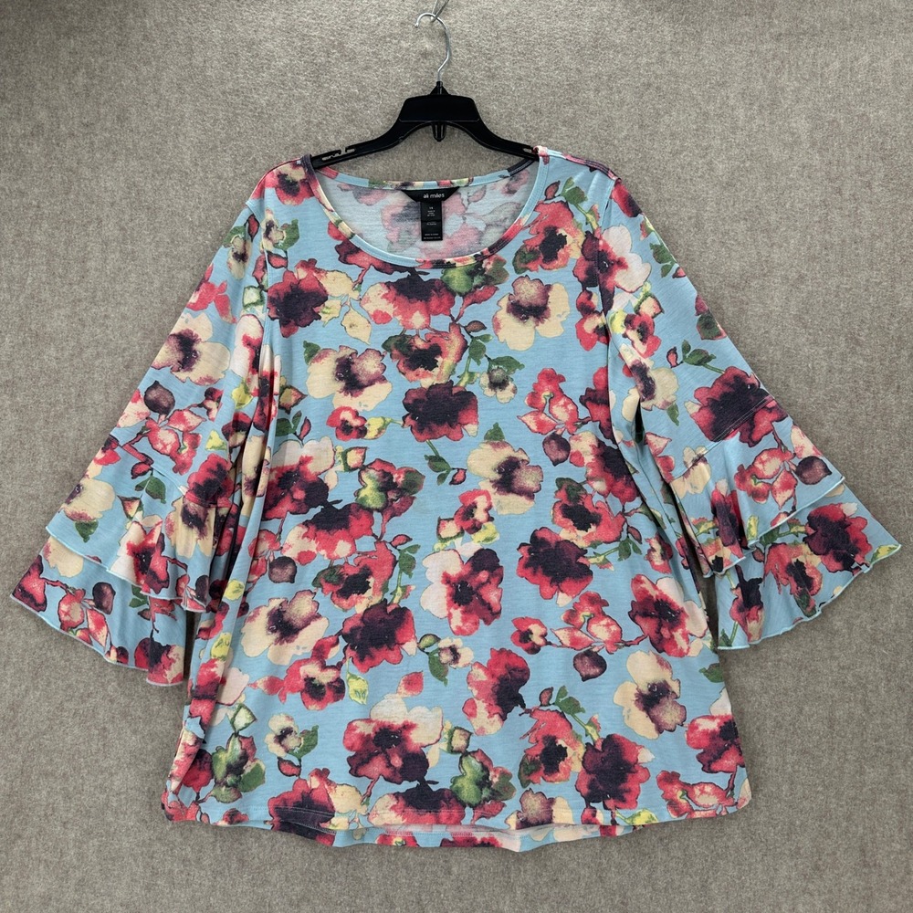 Ali Miles Womens 1X Blue Floral Bell Sleeve Lightweight‎ Knit Top